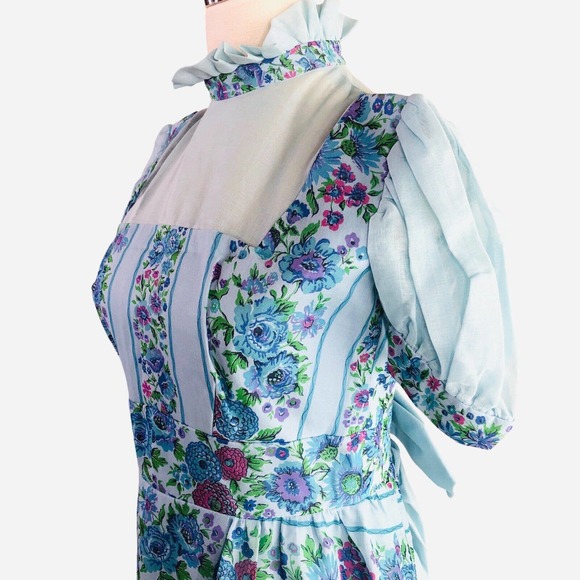 Vintage 60s Cari Lyn Prairie Dress Blue Floral Garden Cottagecore Maxi - Picture 2 of 16